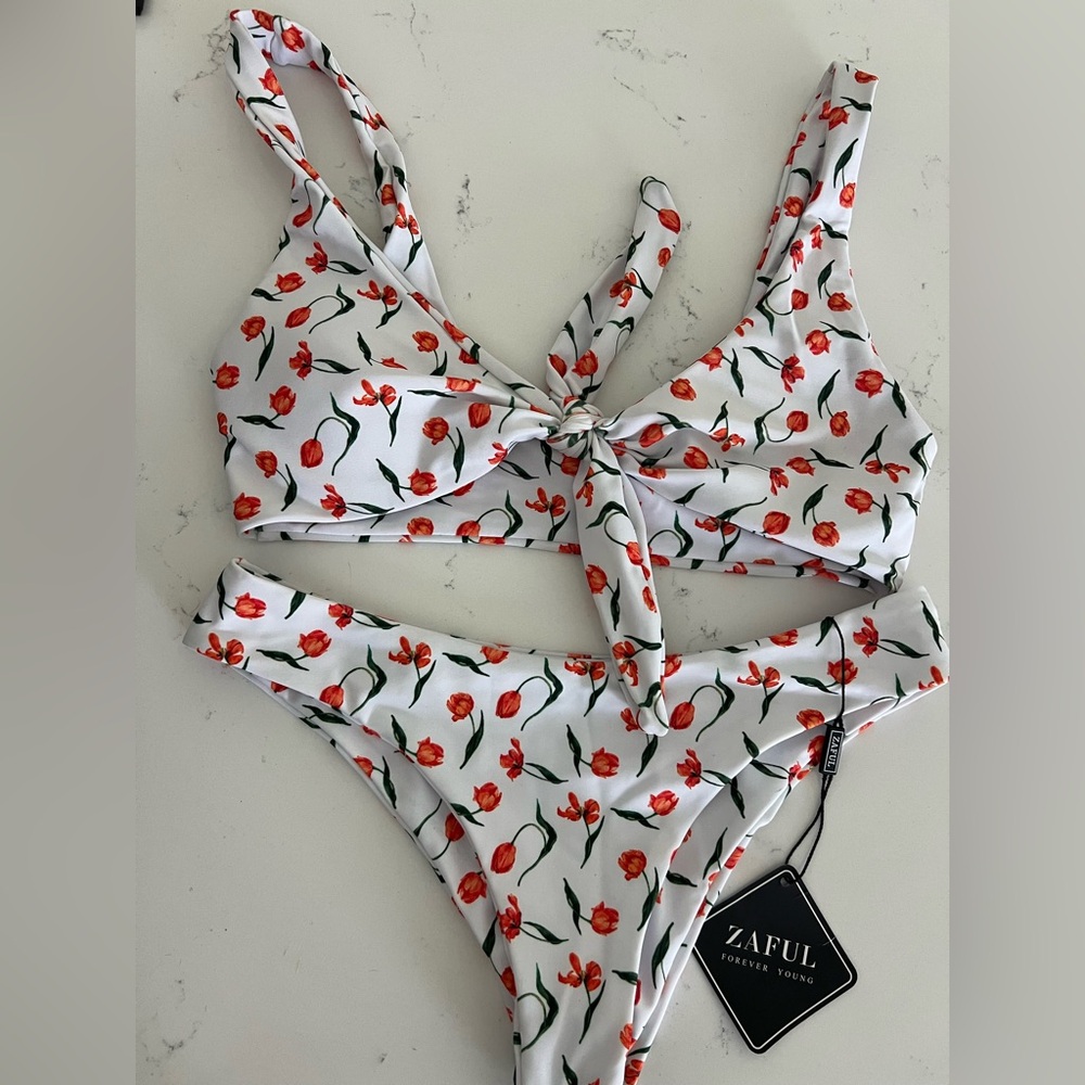 Zaful White Floral Bikini Set with Red Accents